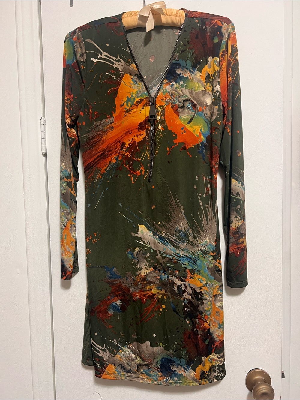 Ariella Olive Green Long-Sleeve V-Neck Dress with Paint-Splash Print
